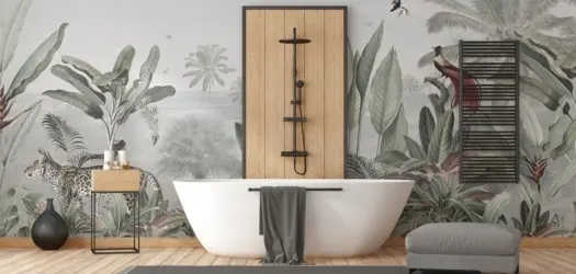 Modern illustrated jungle mural in a master bathroom