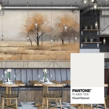 A vintage landscape in muted brown and light white colors as an accent wall mural in a modern restaurant