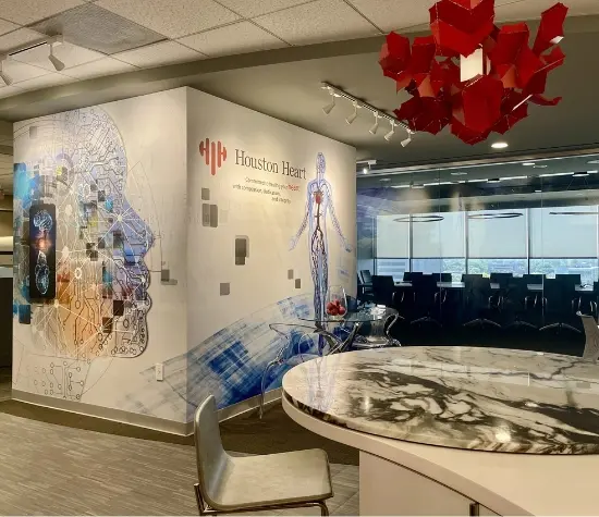 Office wall wrapped with a custom mural for a medical office combining heart health and technology