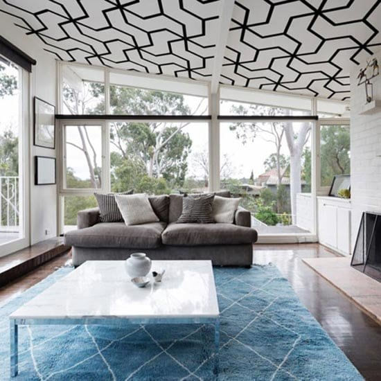 Geometric Wall Mural On Ceiling Of Living Room