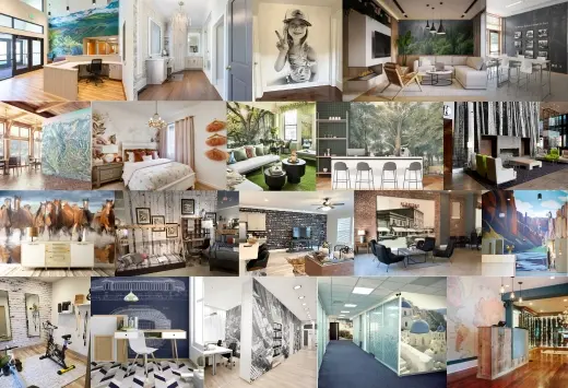 A collage of wall mural examples used in home and commercial spaces