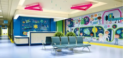 Two illustrated kids outer space murals in a hospital waiting area