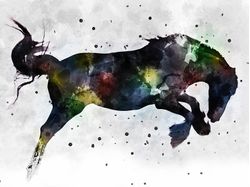 A-silhouette-of-a-bucking-horse-is-dramatized-through-splatters-of-paint-and-textural-strokes-of-yellow-red-green-and-blue