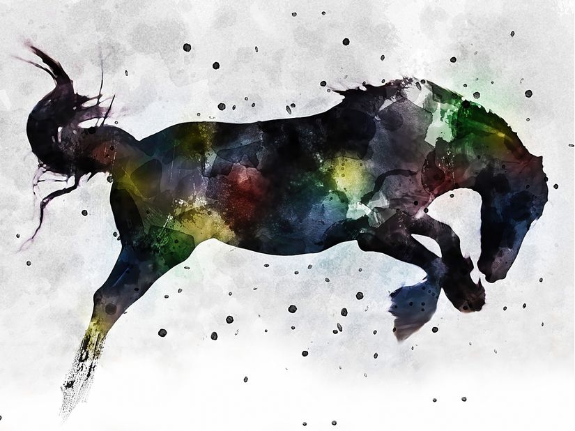 A-silhouette-of-a-bucking-horse-is-dramatized-through-splatters-of-paint-and-textural-strokes-of-yellow-red-green-and-blue