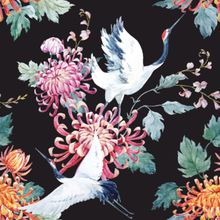 Cranes And Flowers Pattern Wallpaper
