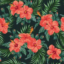 Hibiscus Palm Pattern On Black Wallpaper