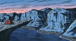 A-single-red-tent-and-lone-camper-stand-on-an-outcropping-overlooking-a-lake-and-alpine-mountains-in-an-engraved-image-style