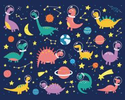 Adorable-cartoon-dinosaurs-in-space-helmets-mixed-with-planets-moons-and-stars-in-an-animal-print-pattern-wallpaper