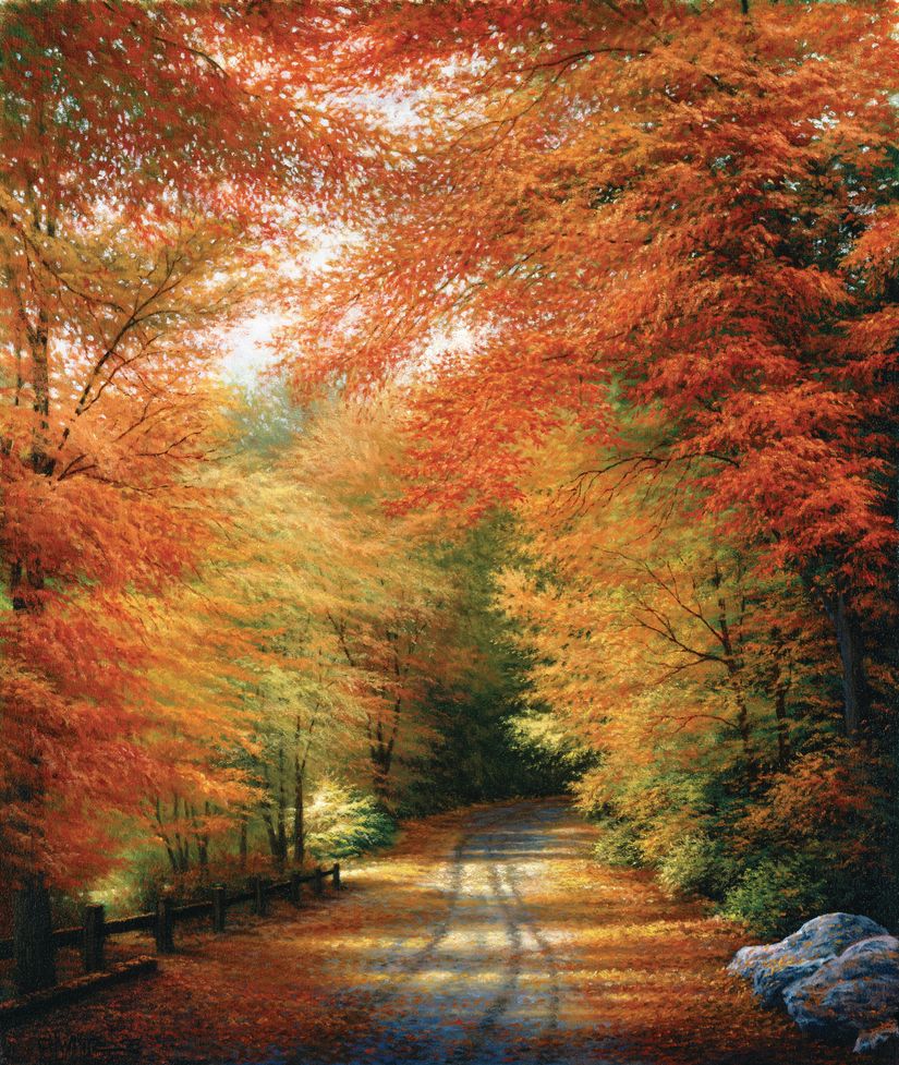 curved-gravel-road-lined-with-fall-trees-with-orange-yellow-and-green-leaves-in-typical-new-england-autumn