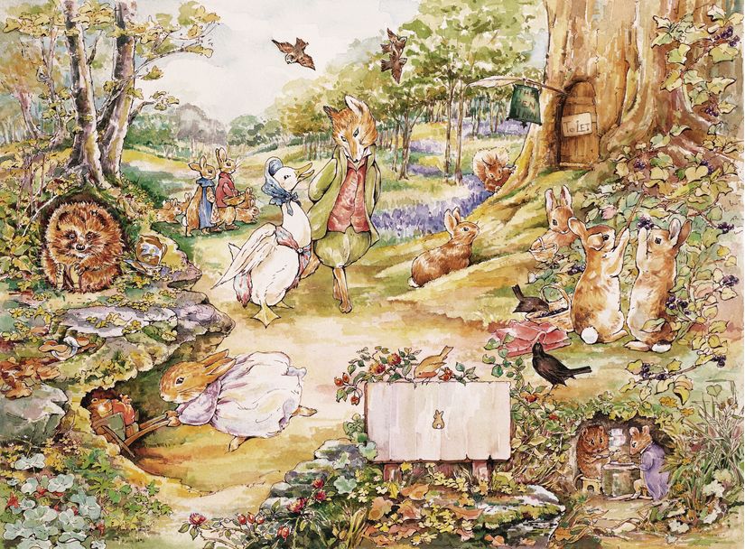 Beatrix-Potter-Forest-wallpaper-with-Peter-Rabbit-and-other-woodland-animals