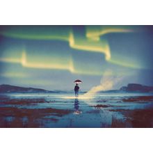 Man Holding Umbrella Under Northern Lights Wall Mural