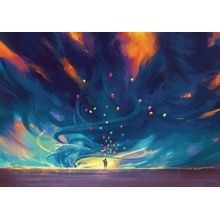 Child Holding Balloons In Front Of Fantasy Storm Wall Mural