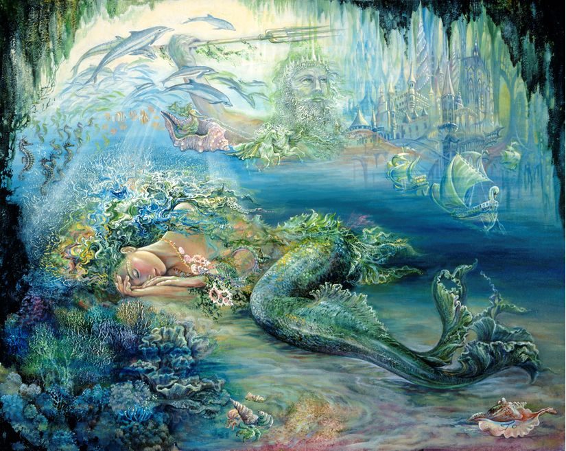 Dreams-of-Atlantis-painting-by-Josephine-Wall-depicting-a-beautiful-mermaid-sleeping-under-the-sea