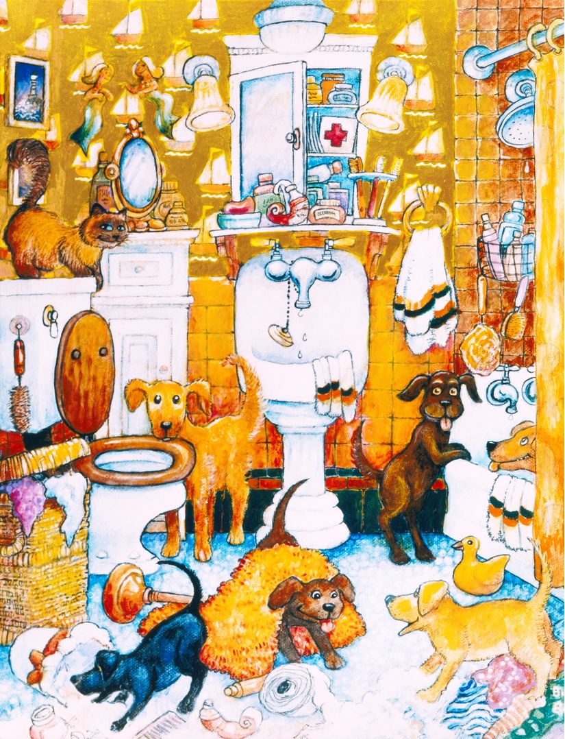 Orange-Bathroom-Pups-Wallpaper-Mural