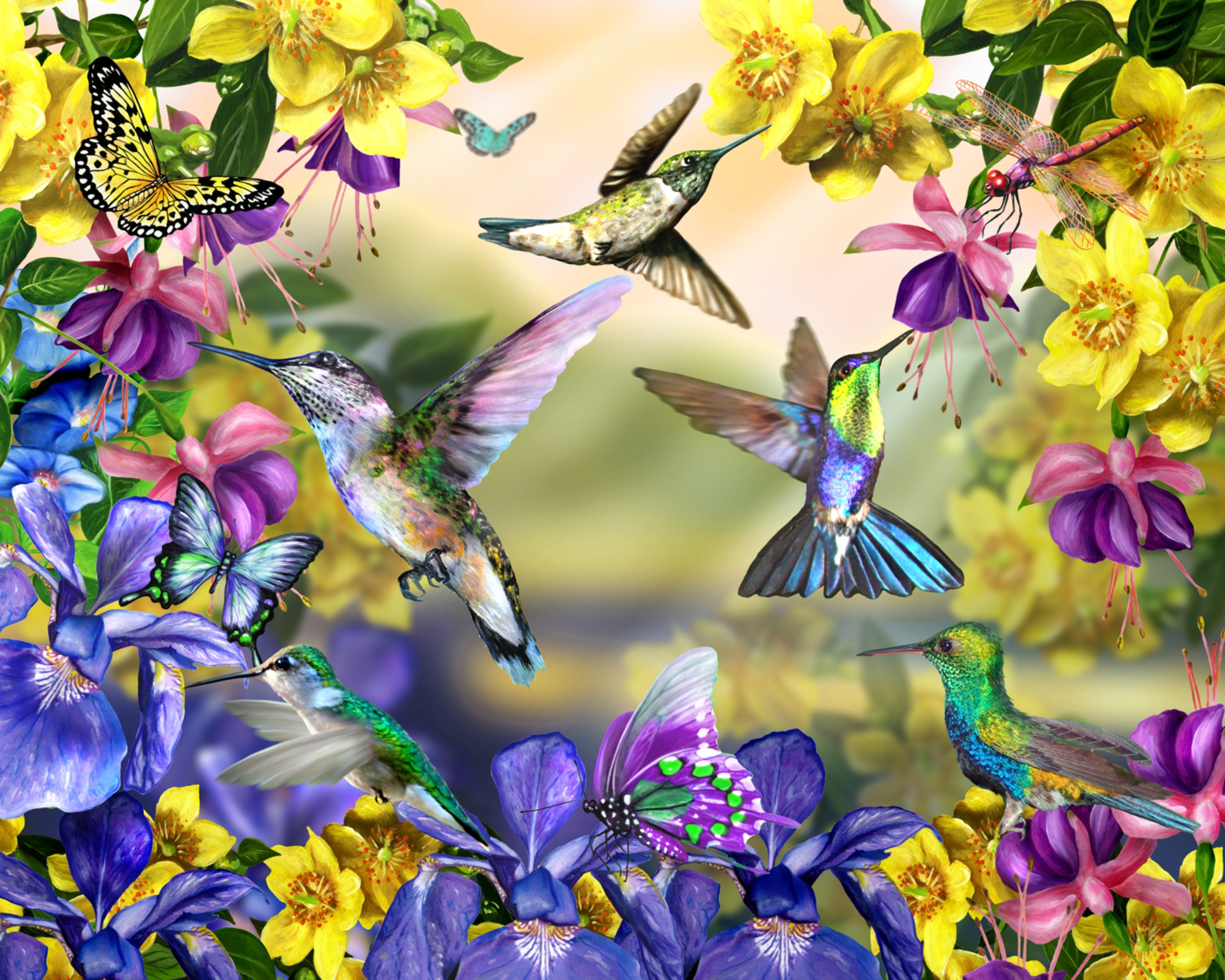 Tropical Botanical Flowers and Hummingbird Wall Art Mural