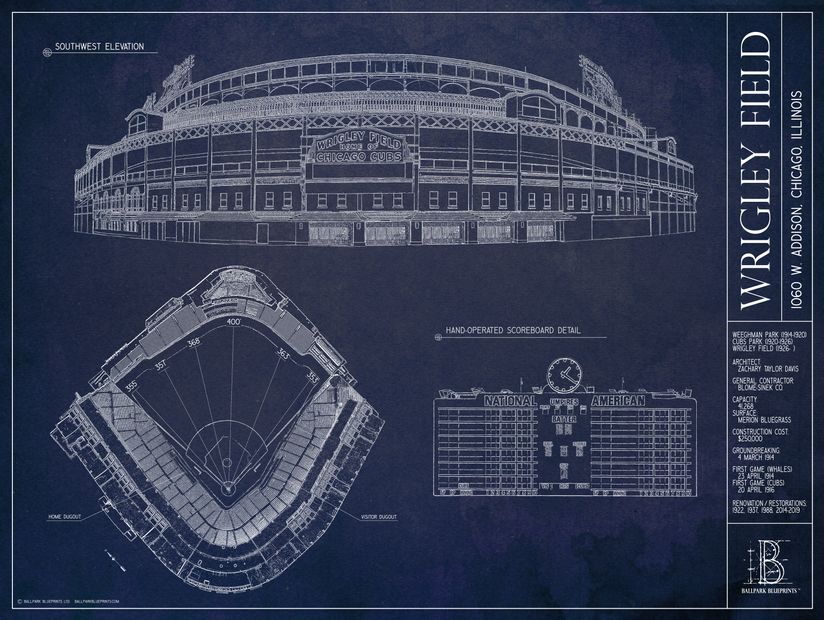 Wrigley Field Blueprint Wall Mural Baseball Wallpaper Mural Murals