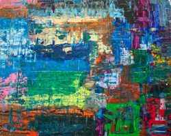 Abstract wall mural painting of brightly colored blocks with subtle brush strokes creating a stained glass window effect