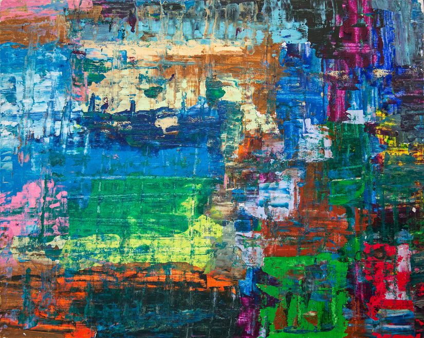 Abstract wall mural painting of brightly colored blocks with subtle brush strokes creating a stained glass window effect