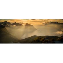 Mountains And Fjord In Fog At Sunrise Wall Mural