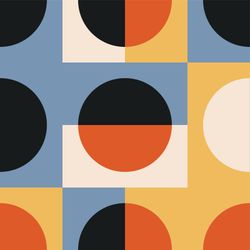 Circles-and-squares-in-shades-of-black-white-blue-yellow-and-orange-intersect-and-overlap-in-a-geometric-pattern