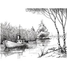 Hand-Drawn Sketch of a Boat on the River Wall Mural