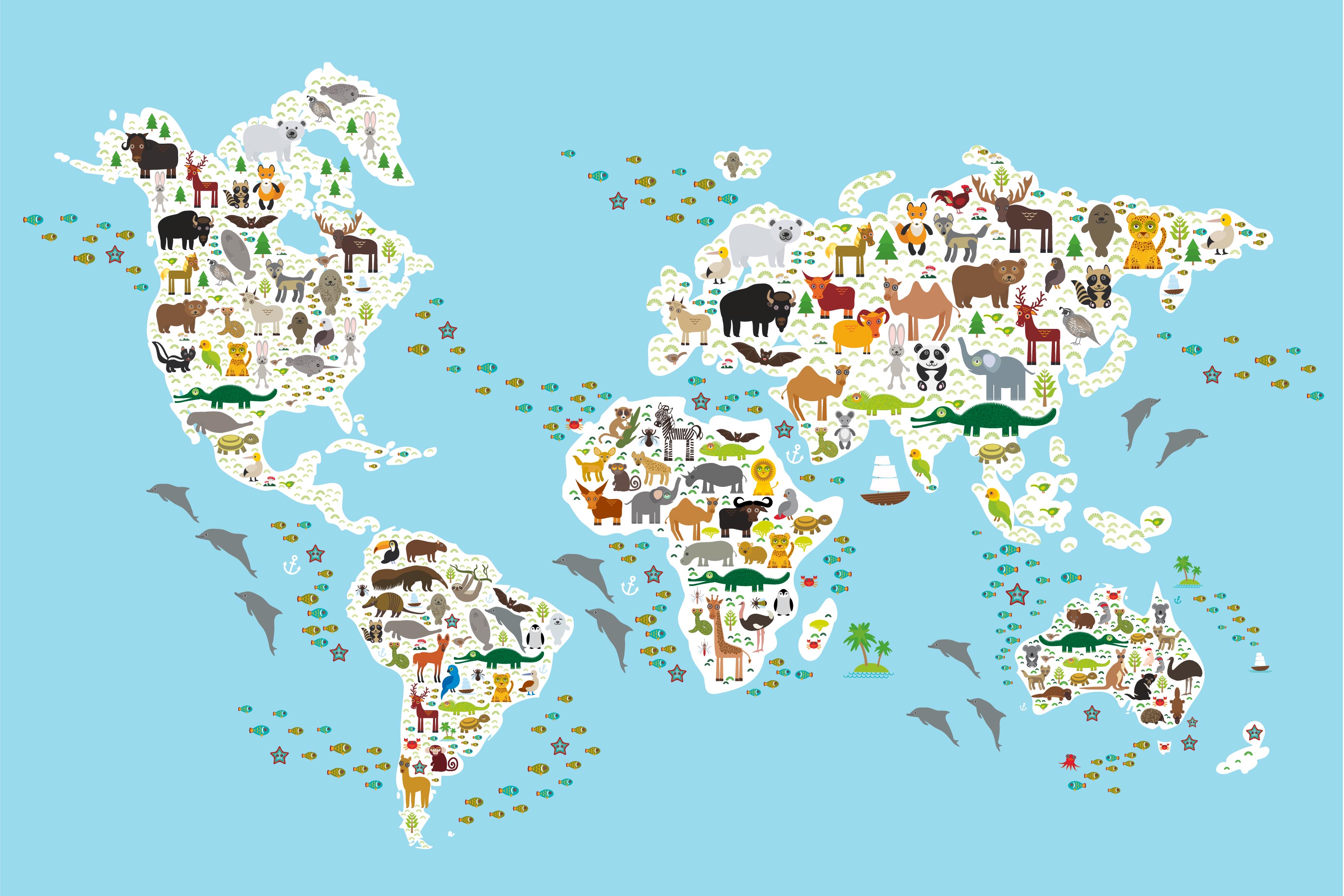 Cartoon Animal World Map - Murals Your Way