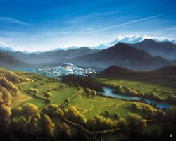 Futuristic-dome-city-sits-in-a-lovely-countryside-of-green-pastures-along-a-blue-river-with-snow-capped-mountains