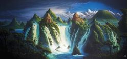 Castles-carved-from-mountains-stand-at-the-side-of-giant-waterfalls-flowing-into-blue-waters-surrounded-by-lush-green-forests
