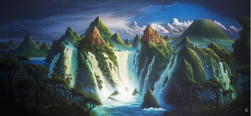 Castles-carved-from-mountains-stand-at-the-side-of-giant-waterfalls-flowing-into-blue-waters-surrounded-by-lush-green-forests