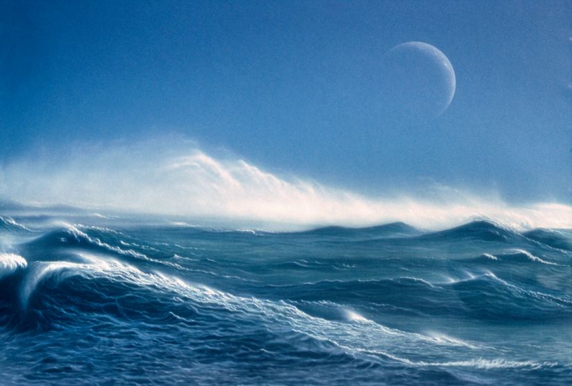 Turbulent-ocean-waters-with-white-topped-waves-and-rolling-sea-mist-under-a-blue-sky-with-a-full-moon-silhouette