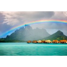 Bora Bora Bungalows With Rainbow Over Mt Otemanu Wall Mural