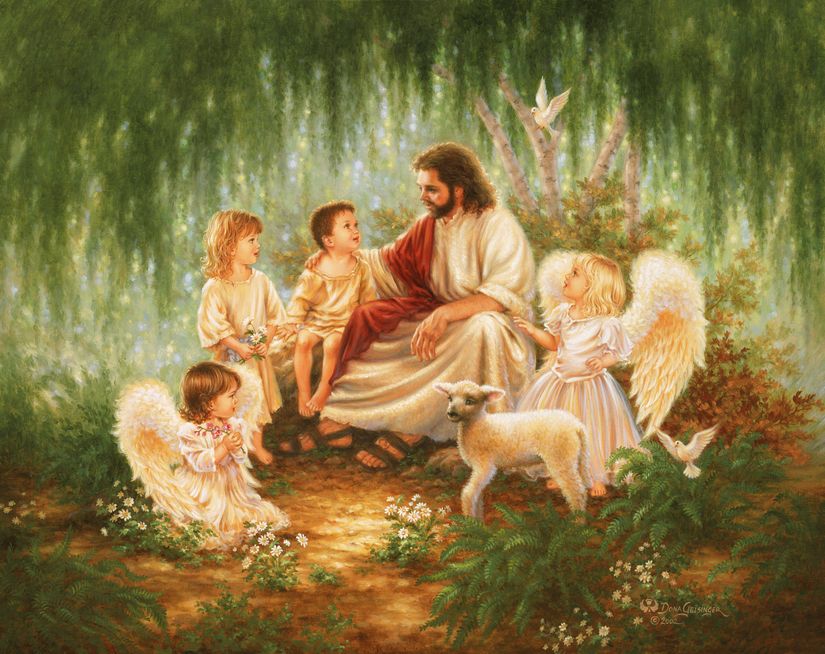 Jesus-sits-under-a-flowringe-tree-with-two-children-two-young-angels-a-lamb-and-a-peaceful-dove