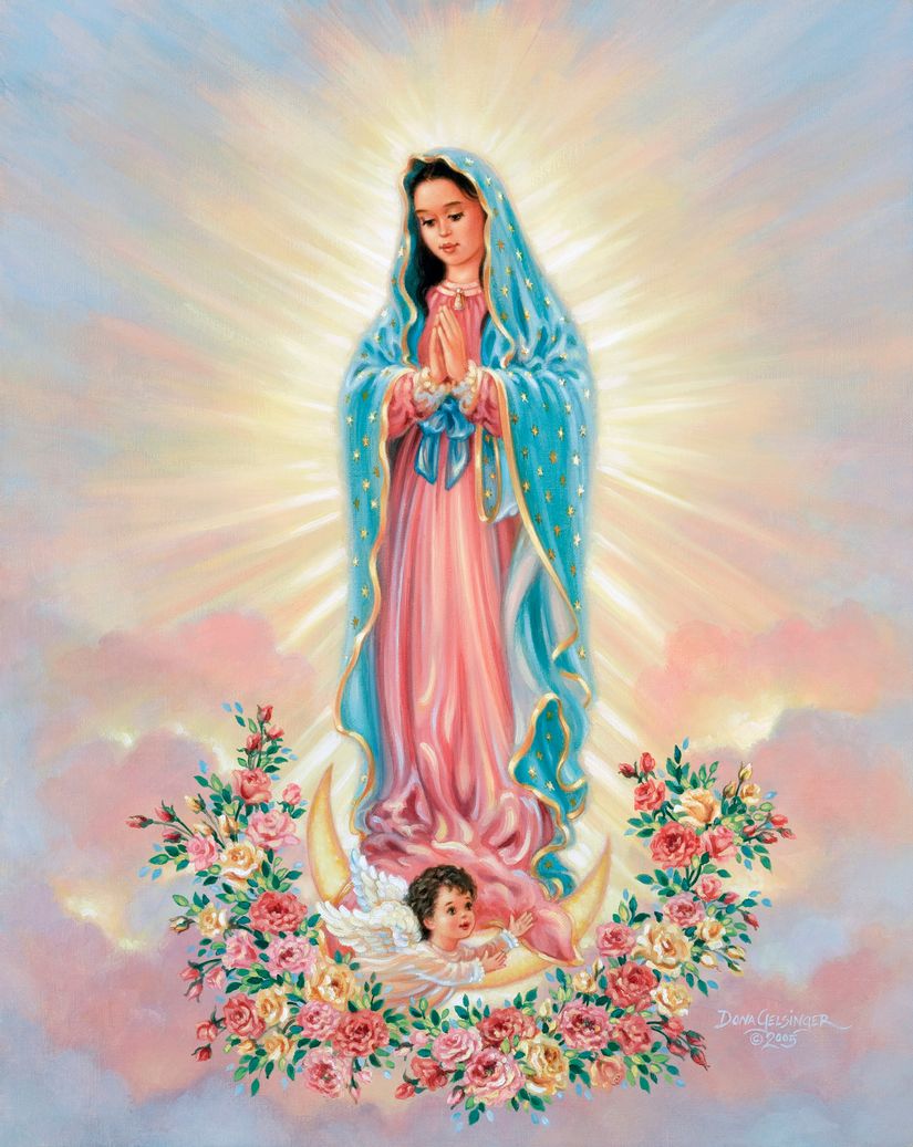 Picture-of-Our-Lady-of-Guadalupe-or-the-Virgin-Mary-with-a-cherub-and-surrounded-by-beautiful-flowers