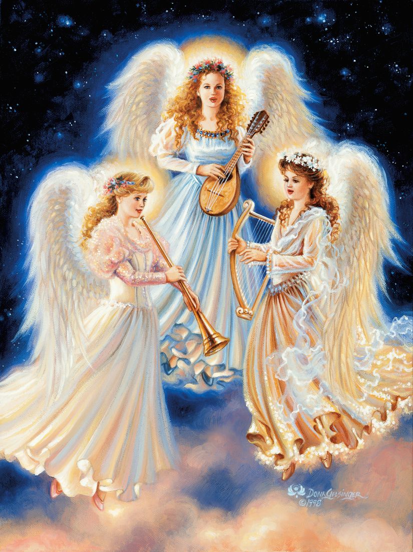 Beautiful-choir-of-angels-in-heaven-playing-supernatural-music-on-a-harp-lute-and-horn