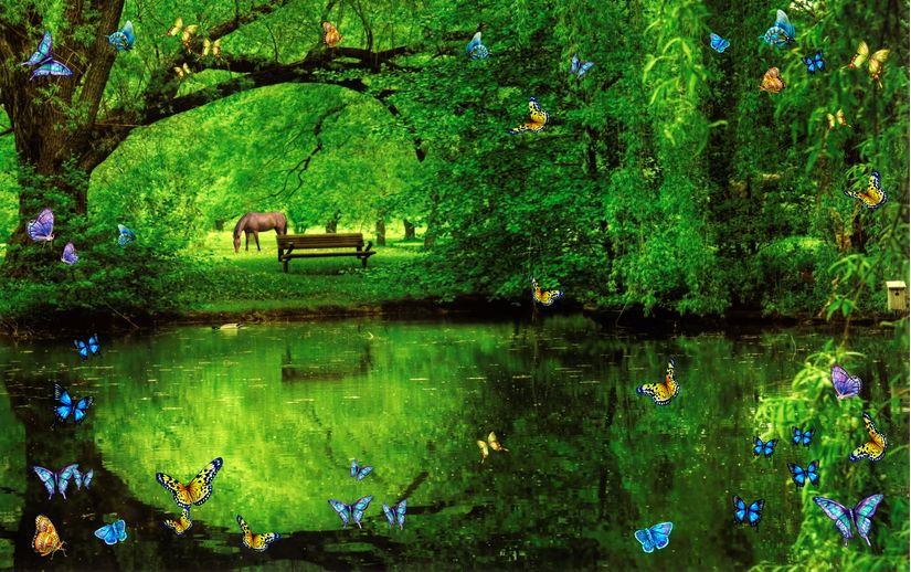 Butterfly-Pond-With-Horse-Wallpaper-Mural