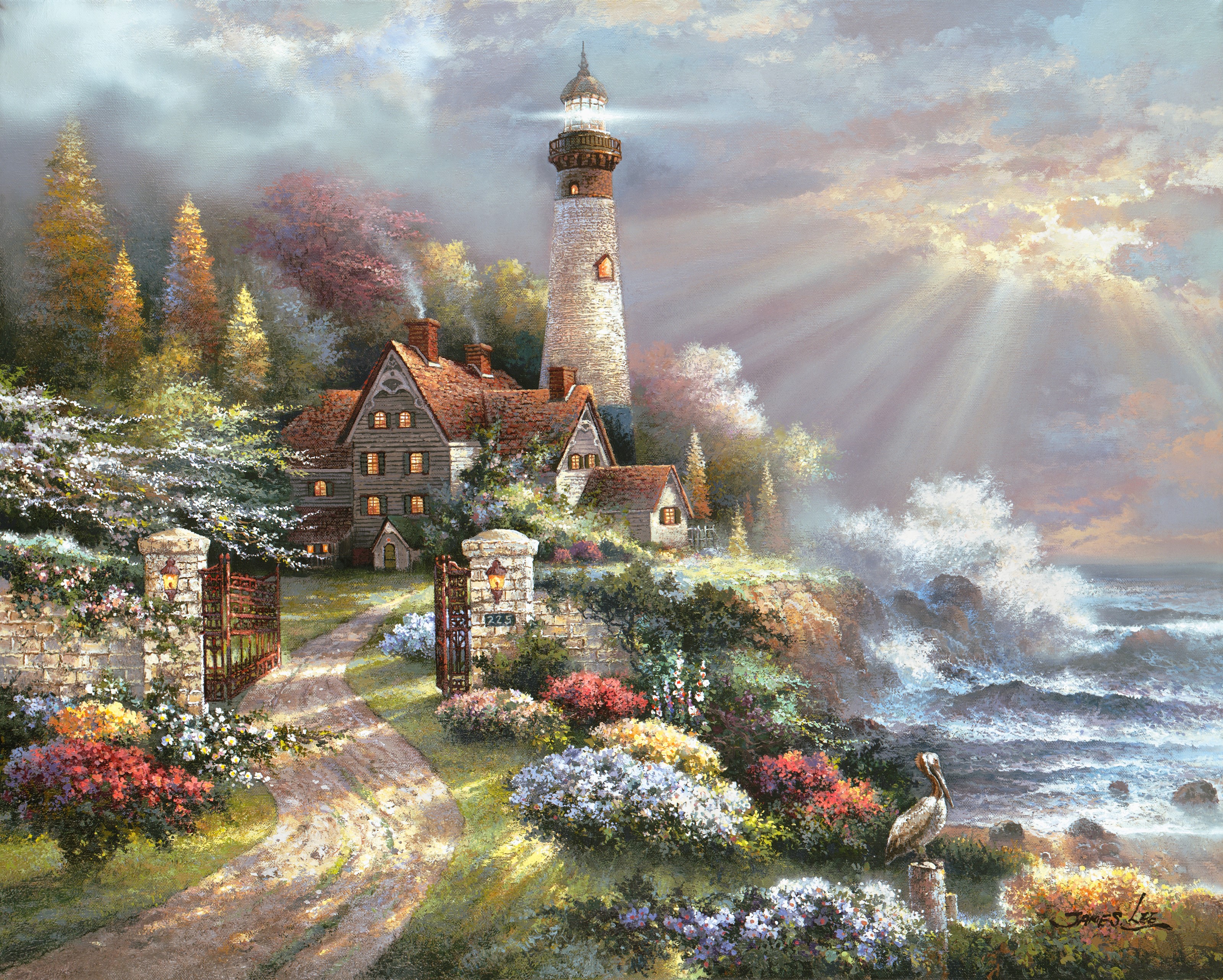Coastal Splendor, Woven Tapestry Wall Art Hanging, Colorful Cottage  Lighthouse Scene