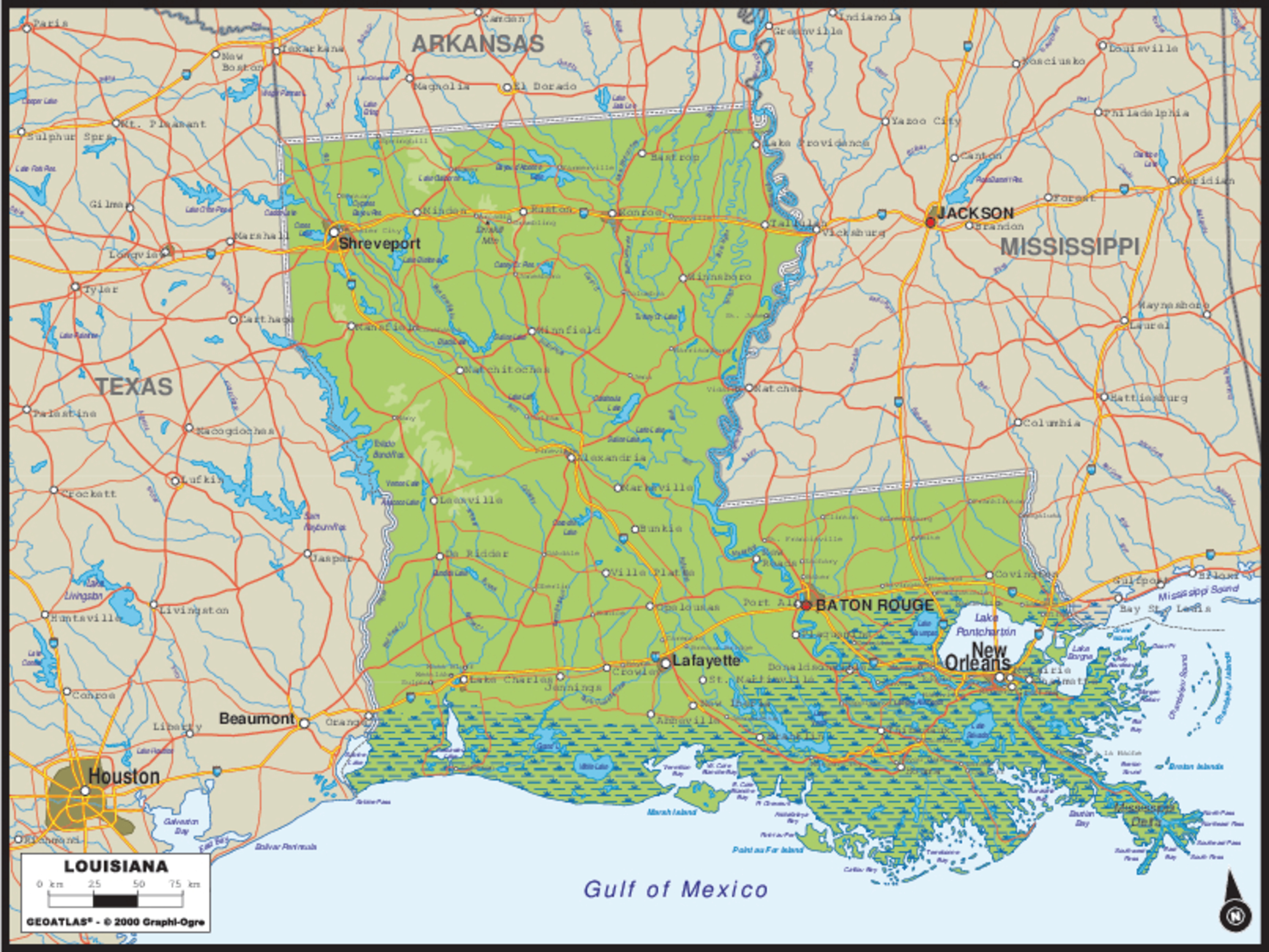Physical map of Louisiana