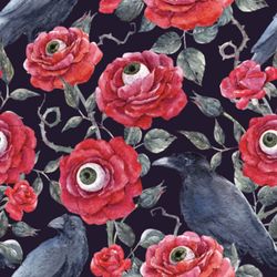 Ebony-ravens-perch-upon-spooky-eyed-red-roses