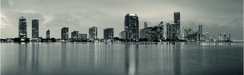 Miami-City-Skyline-At-Dusk-With-Urban-Skyscrapers-Over-Sea-With-Reflection-Mural-Wallpaper
