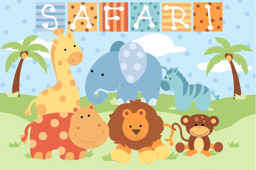 Safari-image-for-baby-boy-filled-with-adorable-animals-like-a-lion-giraffe-elephant-hippo-monkey-and-zebra