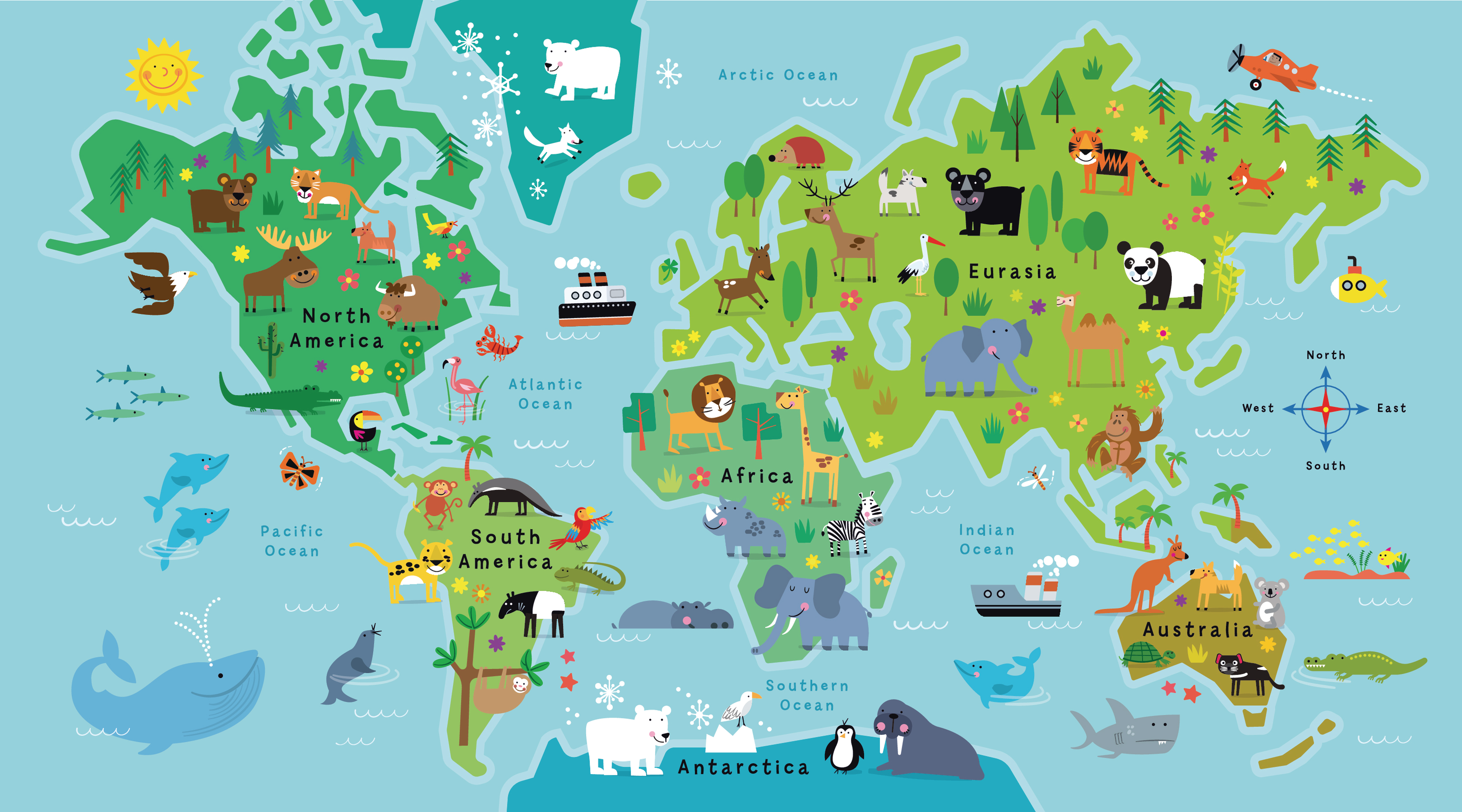 Animal World Map Wall Mural | World Map Wallpaper Mural - Murals Your Way