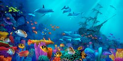 A-colorful-aquarium-or-ocean-scene-full-of-sea-life-including-tropical-fish-dolphins-a-coral-reef-and-a-sunken-ship-