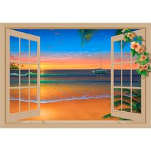 Sunset Through Window with Flowers Wall Mural