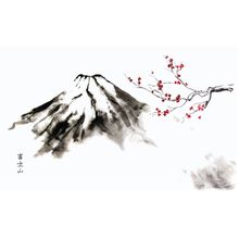 Mountain Fuji And Cherry Blossom Oriental Ink Wall Mural