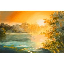 Sunset On The Lake Oil Painting Wallpaper Mural