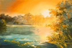 Sunset-On-The-Lake-Oil-Painting-Wallpaper-Mural