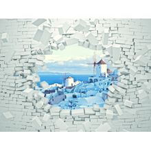 Breaking Wall Exposing Santorini Landscape Wall Mural