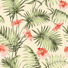 Vintage Hibiscus And Frond Pattern Wallpaper