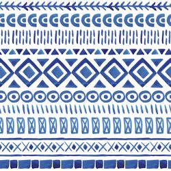 A blue watercolor pattern of ethnic designs such as rows of circles to diamond patterns and even arrows and triangles