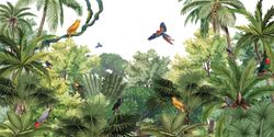 Jungle-forest-treetop-canopy-illustration-with-tropical-parrots-perched-on-lush-palm-trees